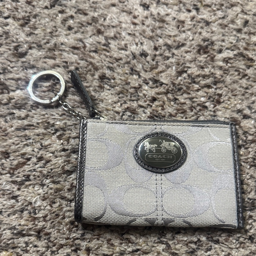 Coach Metallic Silver Signature Card Case Keychain